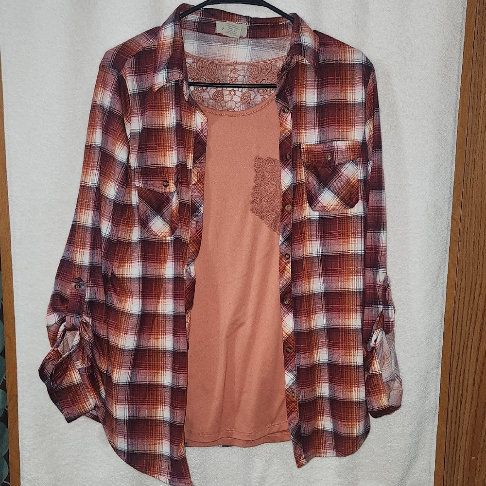 Plaid Button-Up Shirt with Lace Tank
